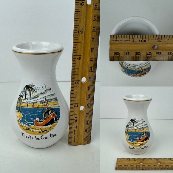 Vtg Puerto La Cruz Van Venezuela Souvenir Small Vase Ceramic Tabletop Gold Trim - Picture 3 of 13